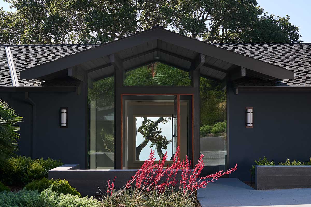 The front door of a home on the Bay in California, featuring Marvin Ultimate windows and doors.