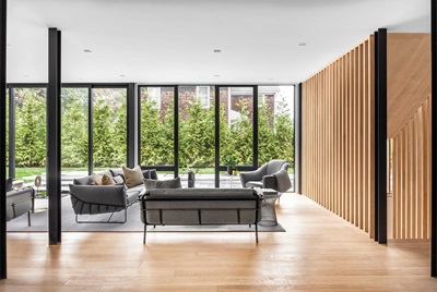 Living room with Marvin Modern Awning, direct glaze and casement windows