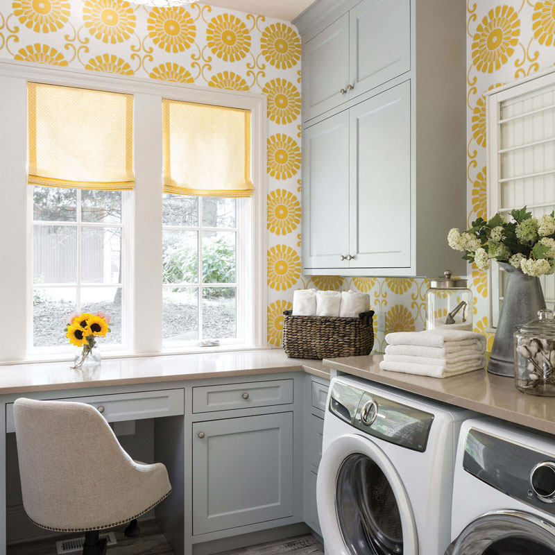 White And Yellow Laundry Room With Marvin Elevate Casement Windows