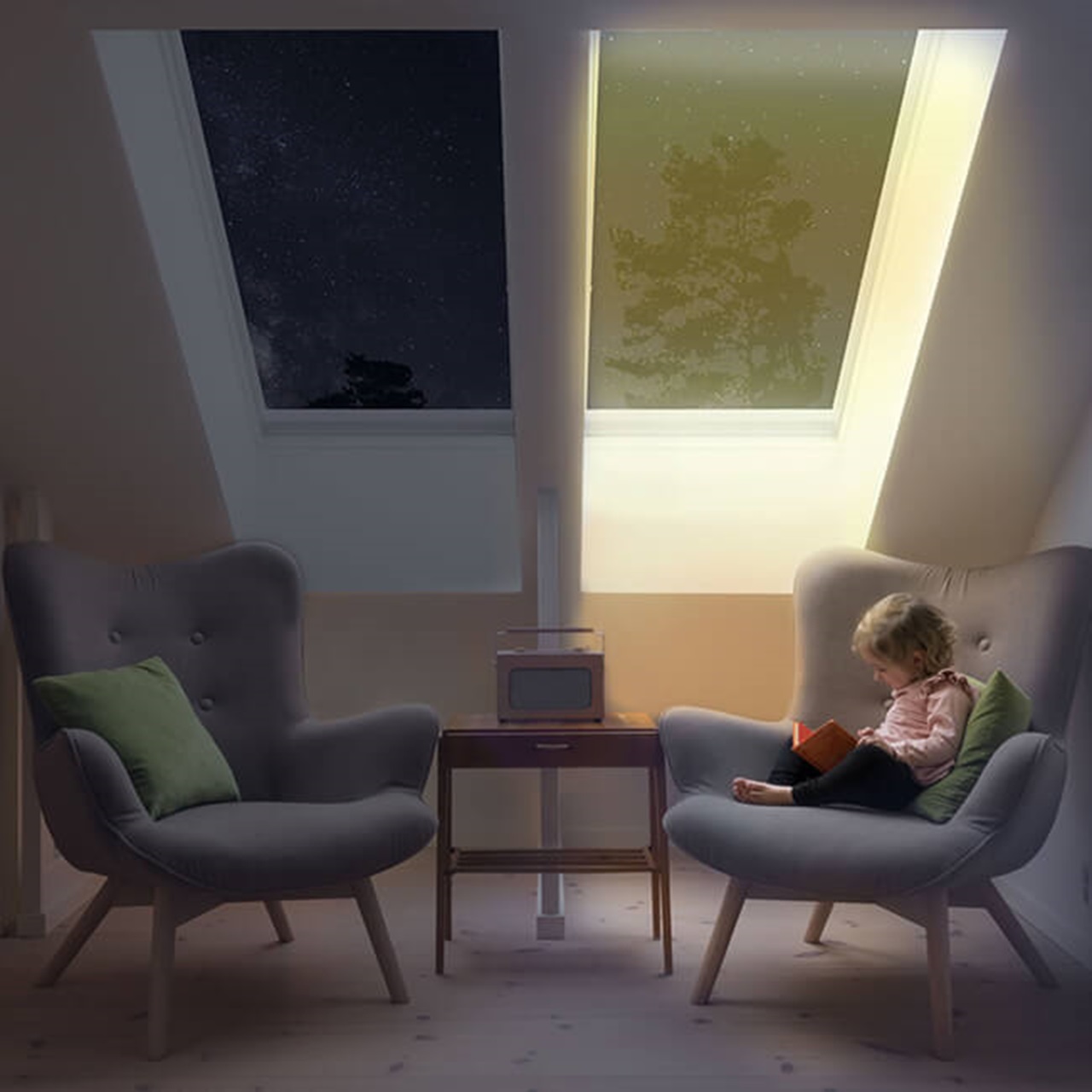 Reading Nook with Marvin Awaken Skylight at night time