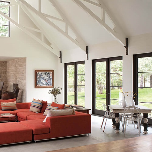 Vaulted Living Room With Signature Ultimate Swinging French Doors